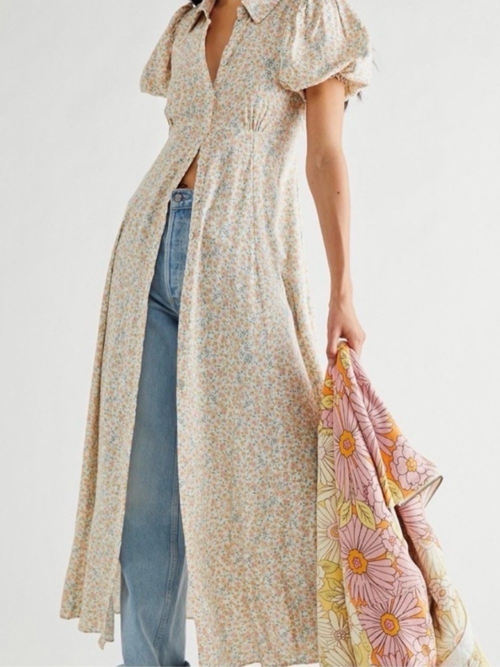 Free People Debbie Jean Button Front Shirt Dress Maxi Floral Prairie Cottagecore